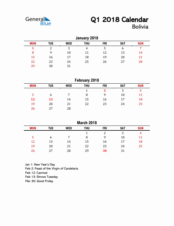 2018 Q1 Calendar with Holidays List for Bolivia