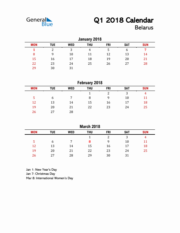 2018 Q1 Calendar with Holidays List for Belarus