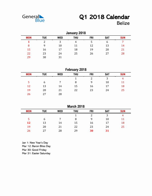 2018 Q1 Calendar with Holidays List for Belize