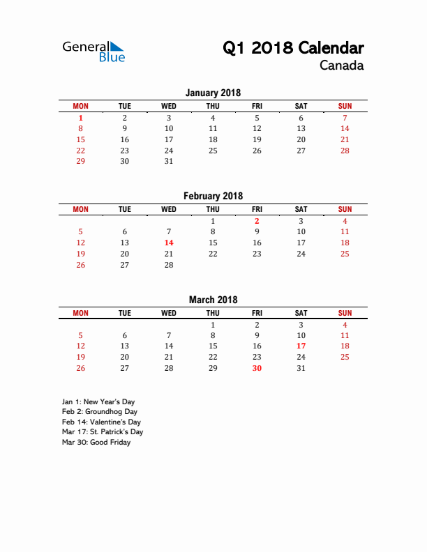 2018 Q1 Calendar with Holidays List for Canada