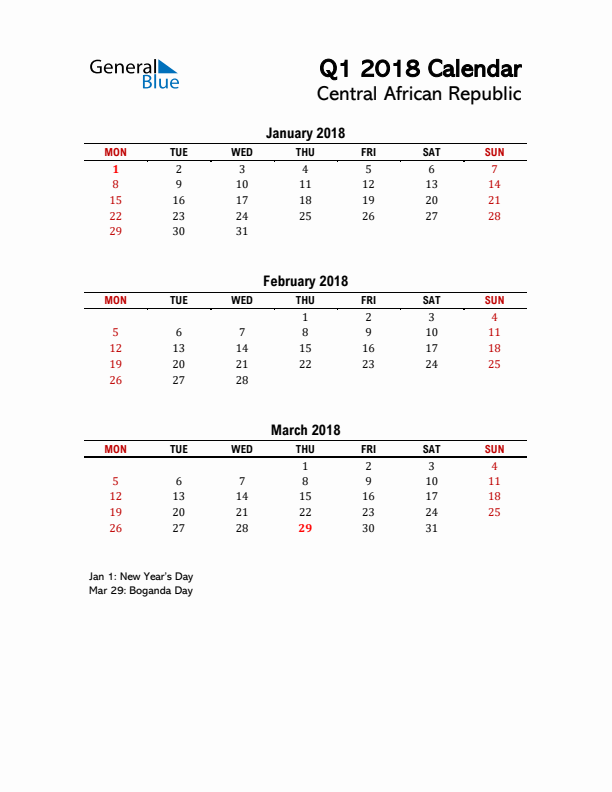 2018 Q1 Calendar with Holidays List for Central African Republic