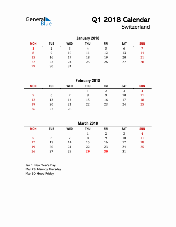 2018 Q1 Calendar with Holidays List for Switzerland