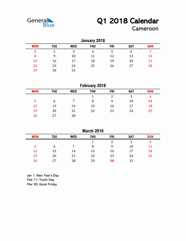 2018 Q1 Calendar with Holidays List for Cameroon