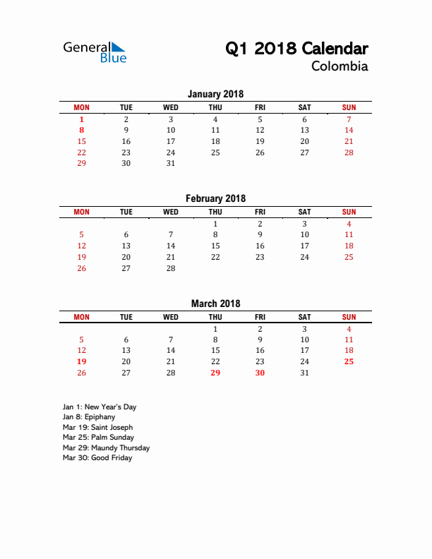 2018 Q1 Calendar with Holidays List for Colombia