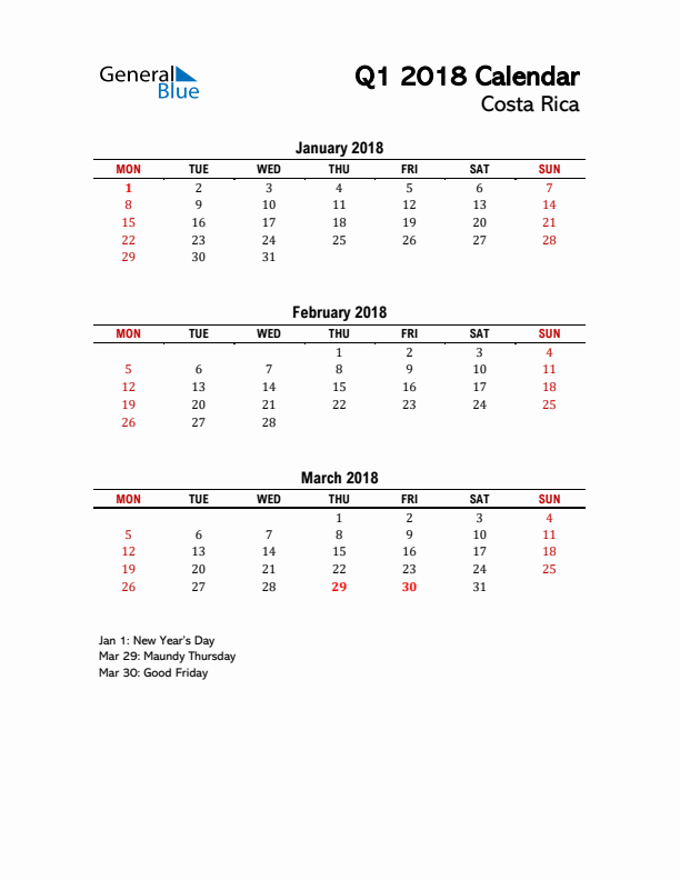 2018 Q1 Calendar with Holidays List for Costa Rica