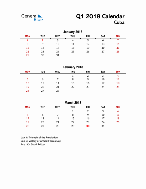 2018 Q1 Calendar with Holidays List for Cuba