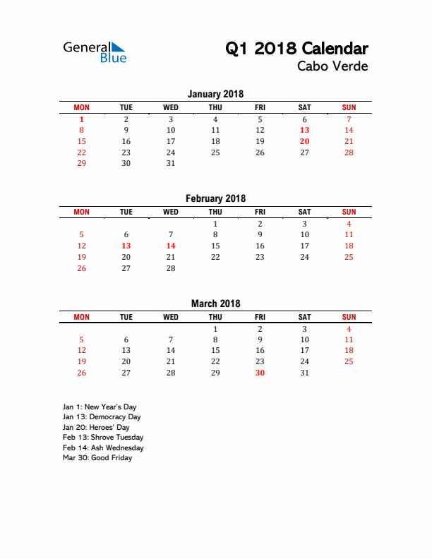 2018 Q1 Calendar with Holidays List for Cabo Verde