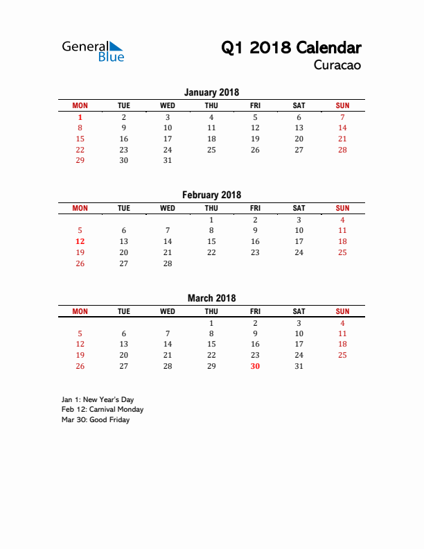 2018 Q1 Calendar with Holidays List for Curacao