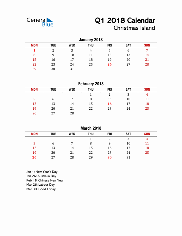 2018 Q1 Calendar with Holidays List for Christmas Island