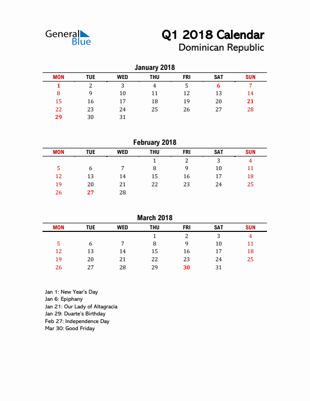 2018 Q1 Calendar with Holidays List for Dominican Republic