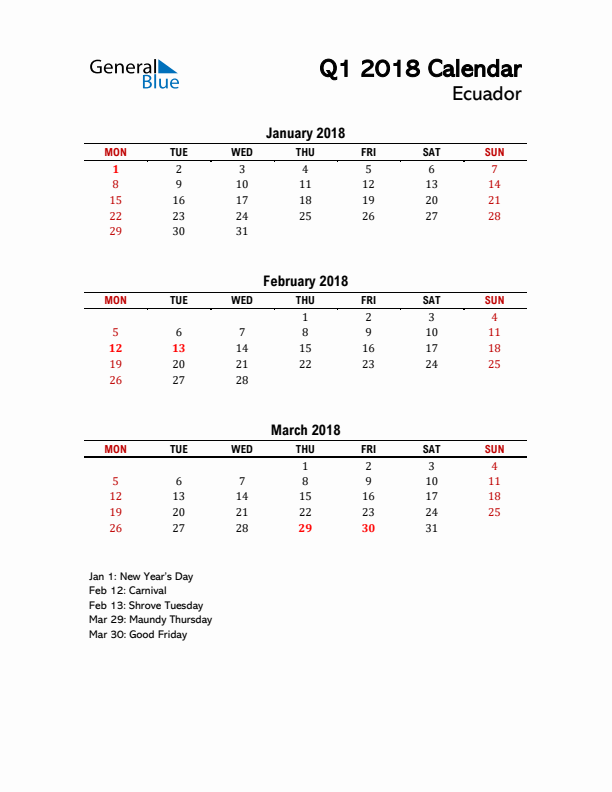 2018 Q1 Calendar with Holidays List for Ecuador