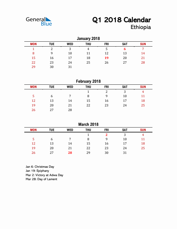 2018 Q1 Calendar with Holidays List for Ethiopia