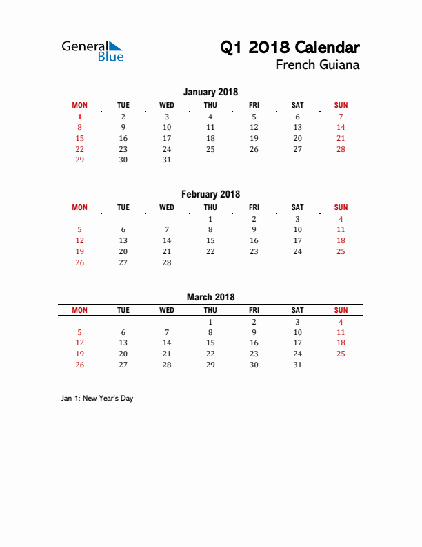 2018 Q1 Calendar with Holidays List for French Guiana