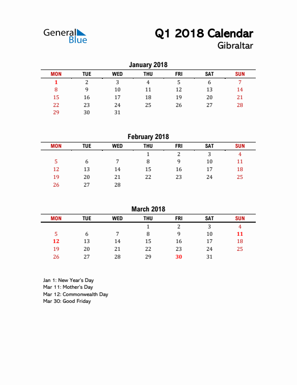 2018 Q1 Calendar with Holidays List for Gibraltar