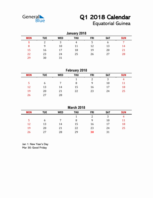 2018 Q1 Calendar with Holidays List for Equatorial Guinea