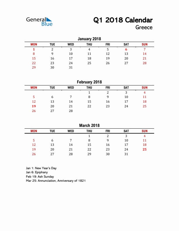 2018 Q1 Calendar with Holidays List for Greece