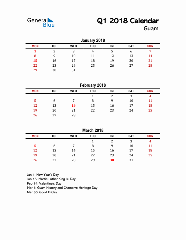 2018 Q1 Calendar with Holidays List for Guam