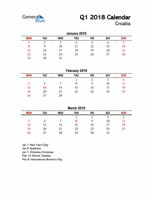 2018 Q1 Calendar with Holidays List for Croatia