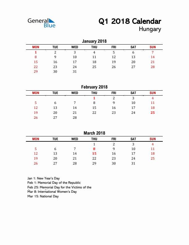 2018 Q1 Calendar with Holidays List for Hungary