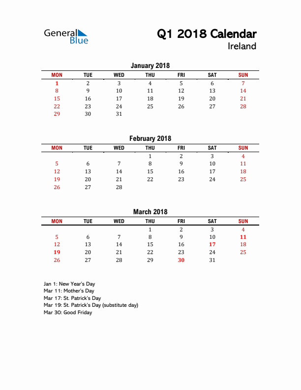 2018 Q1 Calendar with Holidays List for Ireland