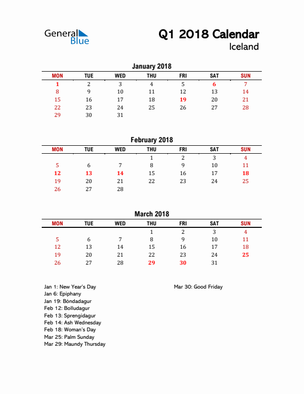 2018 Q1 Calendar with Holidays List for Iceland