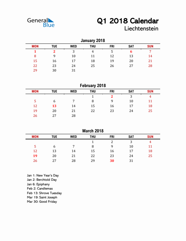 2018 Q1 Calendar with Holidays List for Liechtenstein