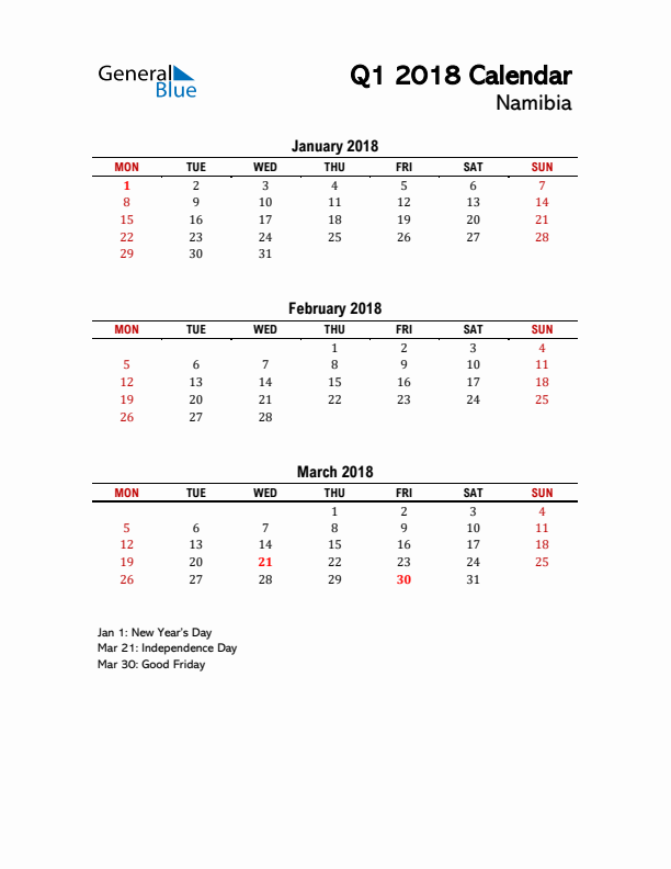 2018 Q1 Calendar with Holidays List for Namibia