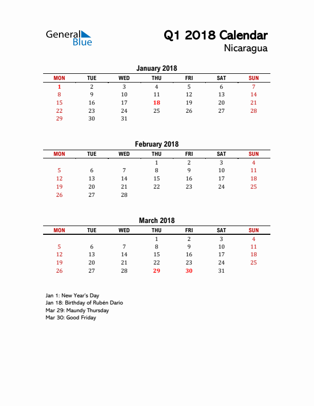 2018 Q1 Calendar with Holidays List for Nicaragua