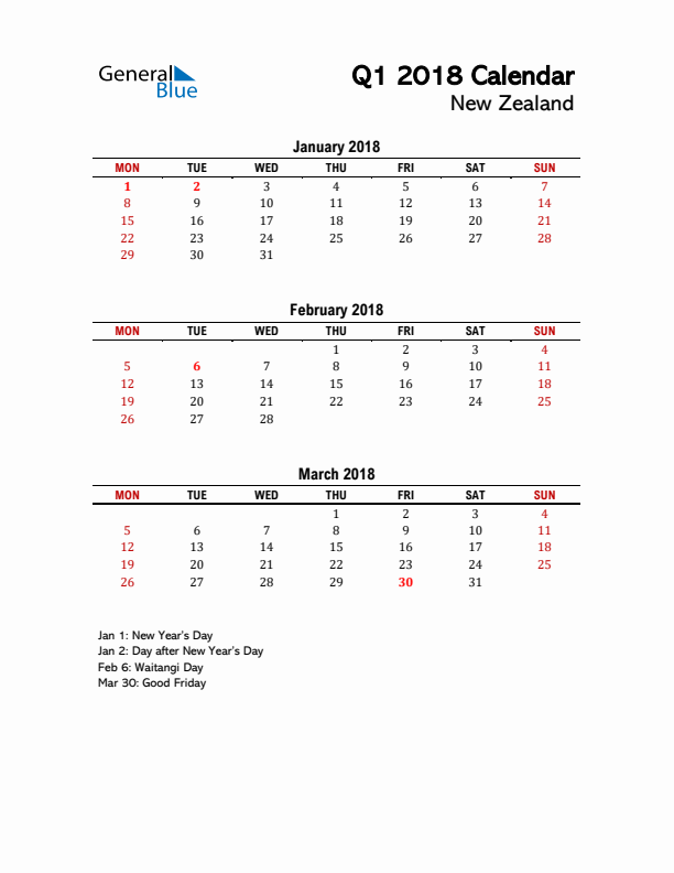 2018 Q1 Calendar with Holidays List for New Zealand