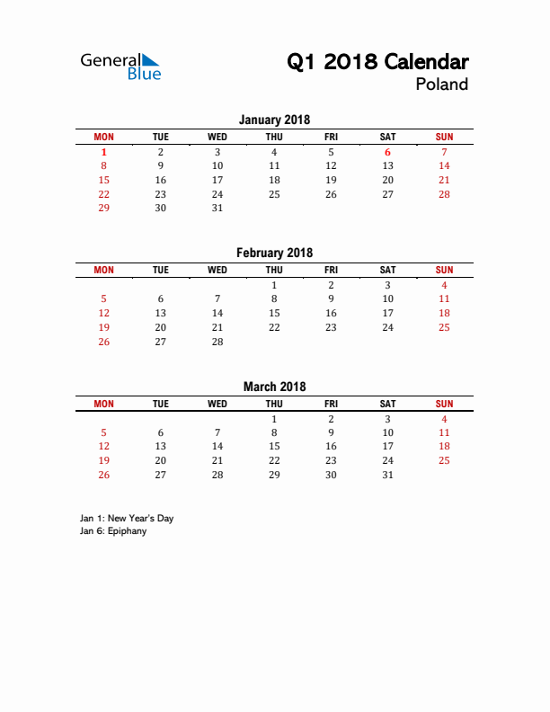 2018 Q1 Calendar with Holidays List for Poland