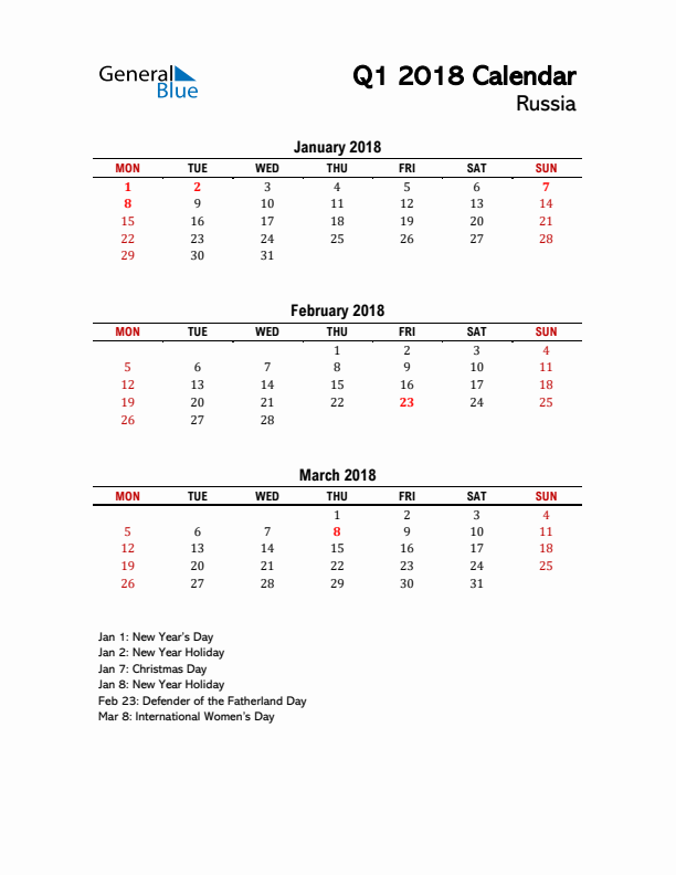 2018 Q1 Calendar with Holidays List for Russia