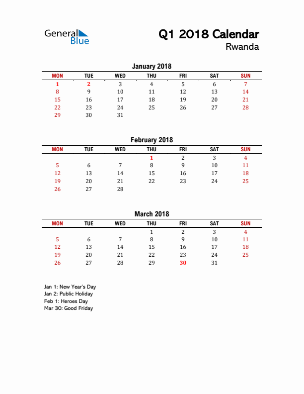 2018 Q1 Calendar with Holidays List for Rwanda