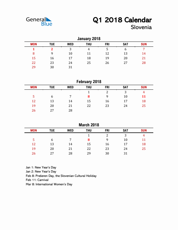 2018 Q1 Calendar with Holidays List for Slovenia