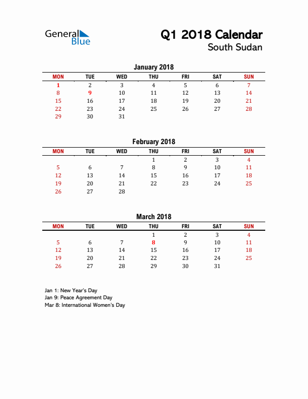 2018 Q1 Calendar with Holidays List for South Sudan