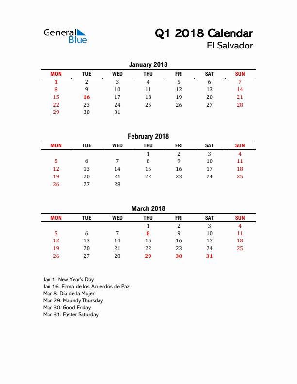 2018 Q1 Calendar with Holidays List for El Salvador