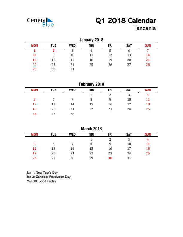 2018 Q1 Calendar with Holidays List for Tanzania