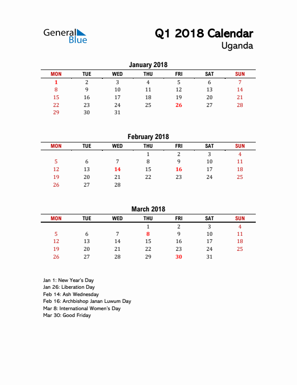 2018 Q1 Calendar with Holidays List for Uganda