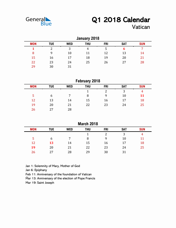 2018 Q1 Calendar with Holidays List for Vatican