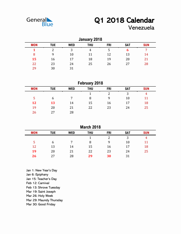 2018 Q1 Calendar with Holidays List for Venezuela