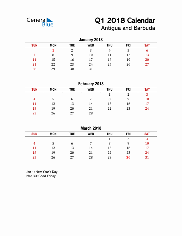 2018 Q1 Calendar with Holidays List for Antigua and Barbuda