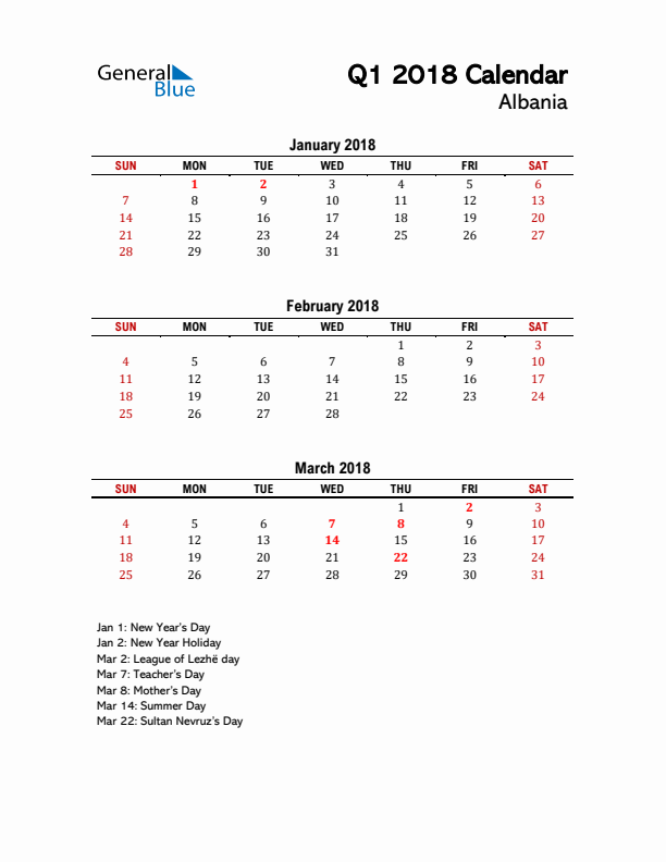 2018 Q1 Calendar with Holidays List for Albania