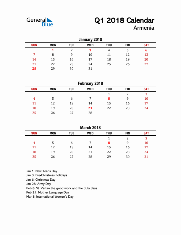 2018 Q1 Calendar with Holidays List for Armenia