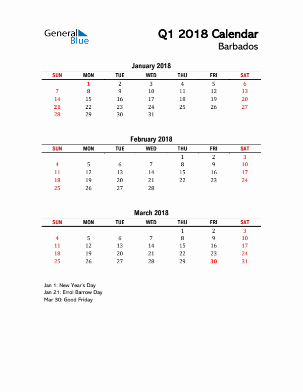 2018 Q1 Calendar with Holidays List for Barbados