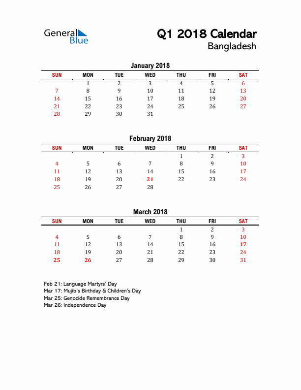 2018 Q1 Calendar with Holidays List for Bangladesh