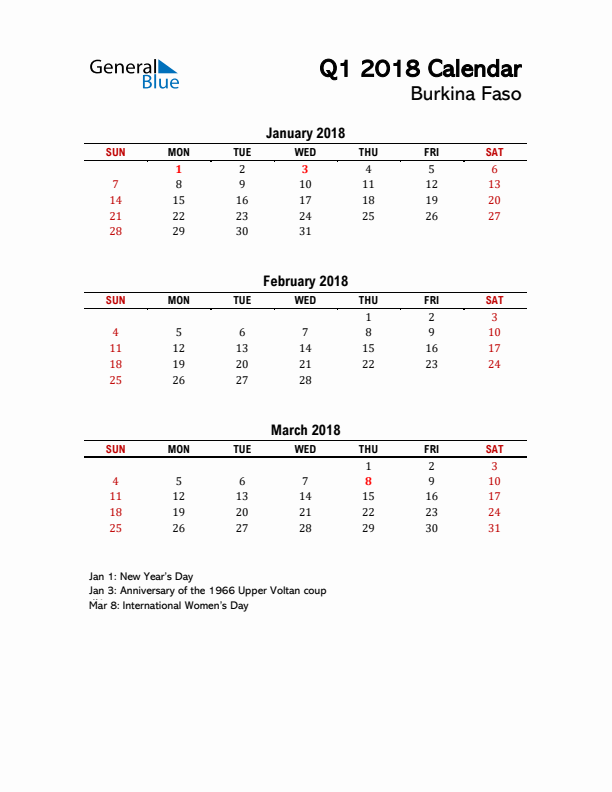 2018 Q1 Calendar with Holidays List for Burkina Faso