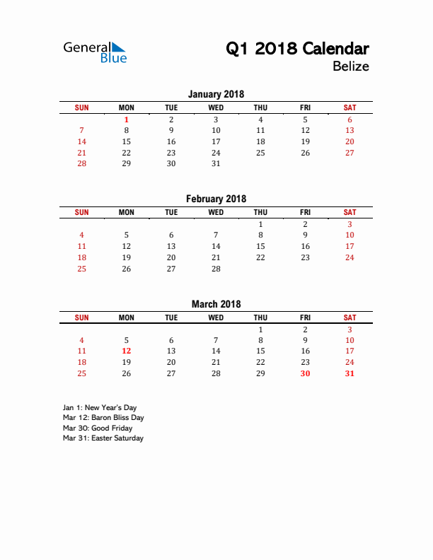 2018 Q1 Calendar with Holidays List for Belize