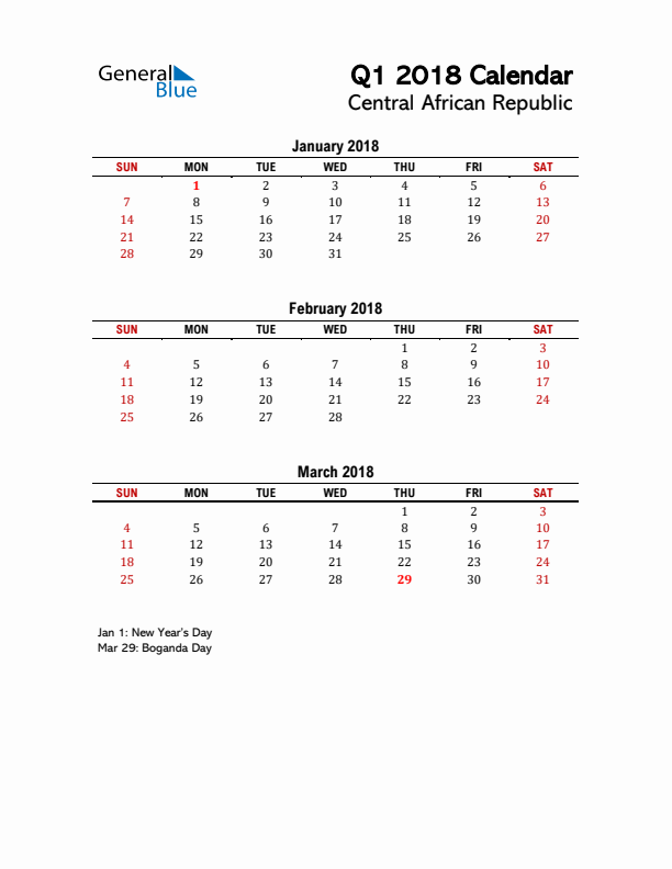 2018 Q1 Calendar with Holidays List for Central African Republic