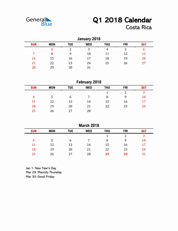 2018 Q1 Calendar with Holidays List for Costa Rica