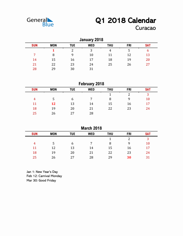 2018 Q1 Calendar with Holidays List for Curacao