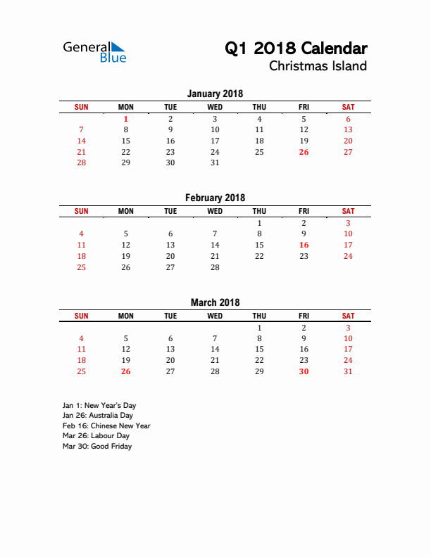 2018 Q1 Calendar with Holidays List for Christmas Island